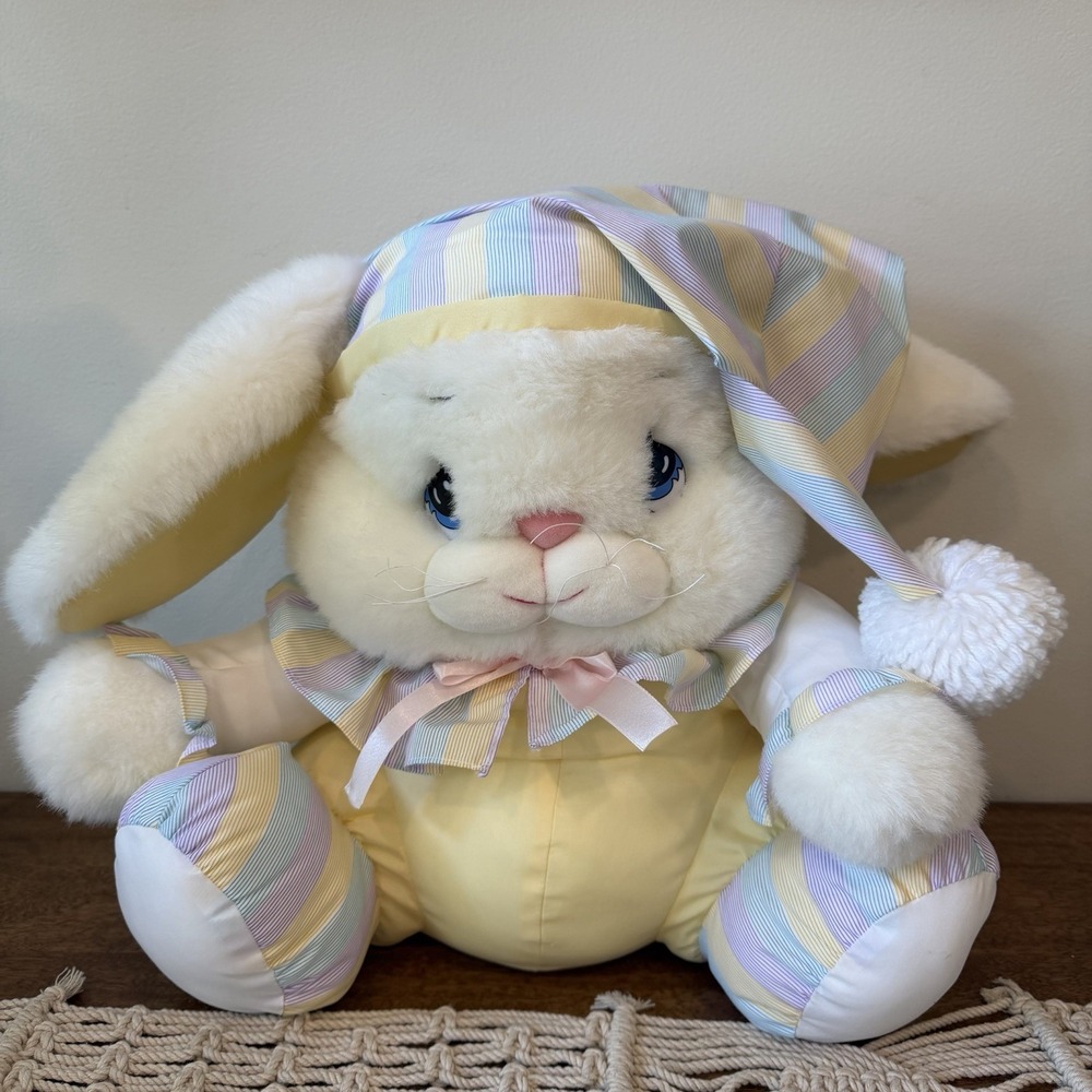 Vtg Plush Bunny Happiness Aid Well Made Stuffed Animal Sleep Bedtime Yellow Blue